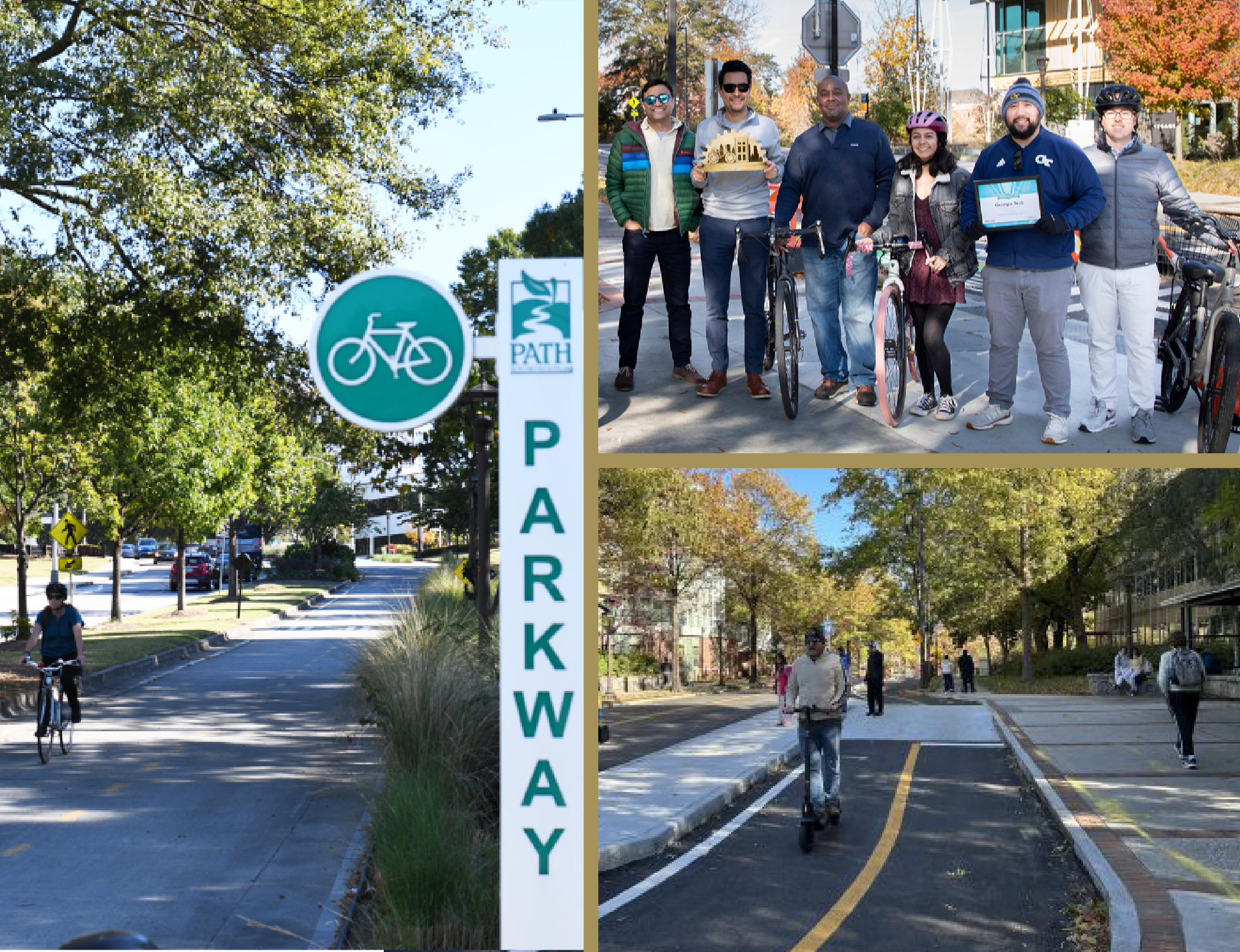 collage of 3 images featuring a bike path, group of bikers who won the biketober award, and opening of the cycle track