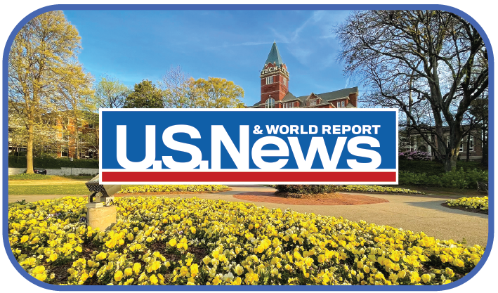 image featuring flowers on Tech campus and the U.S. News and World Report logo