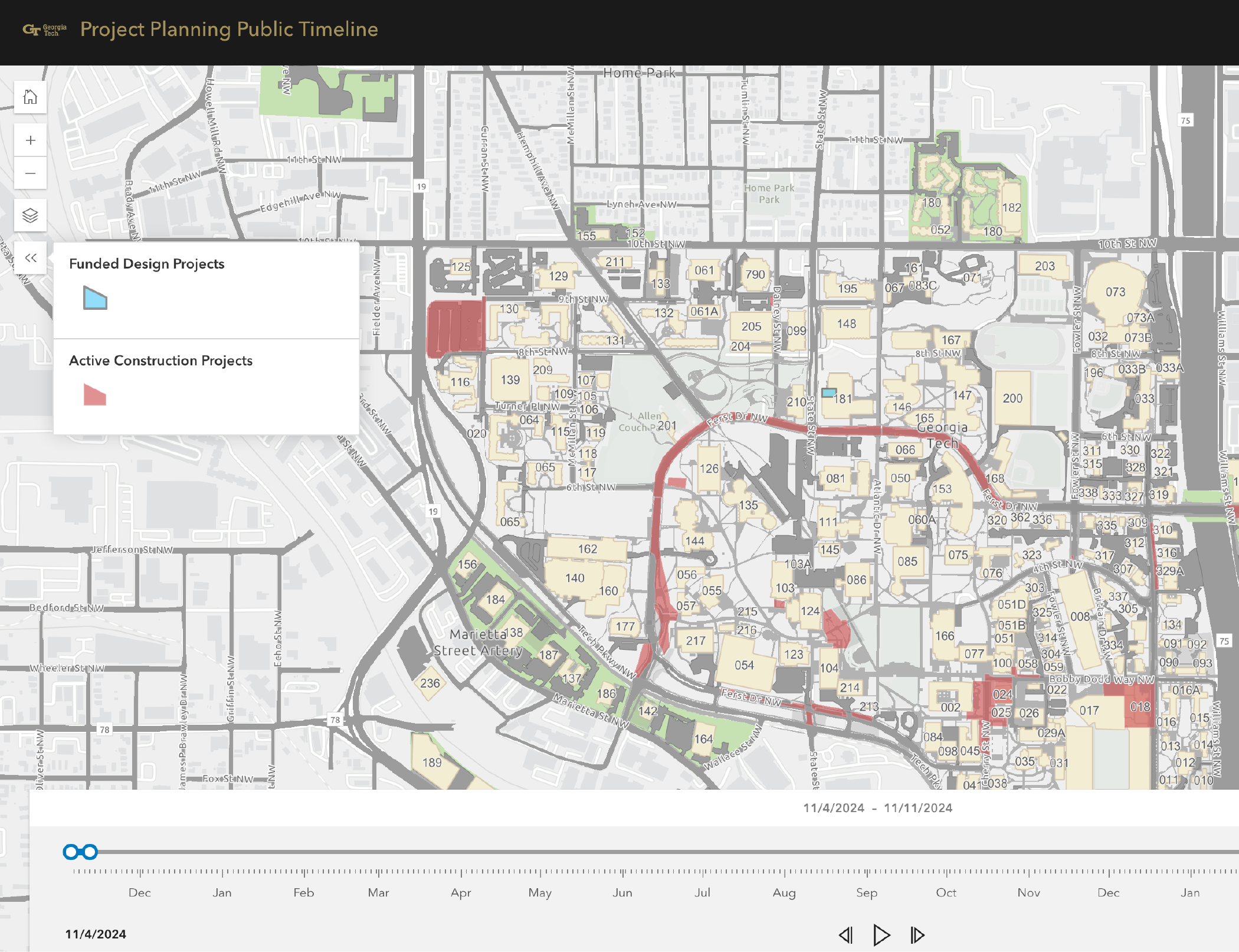 Screenshot of the construction timeline and map