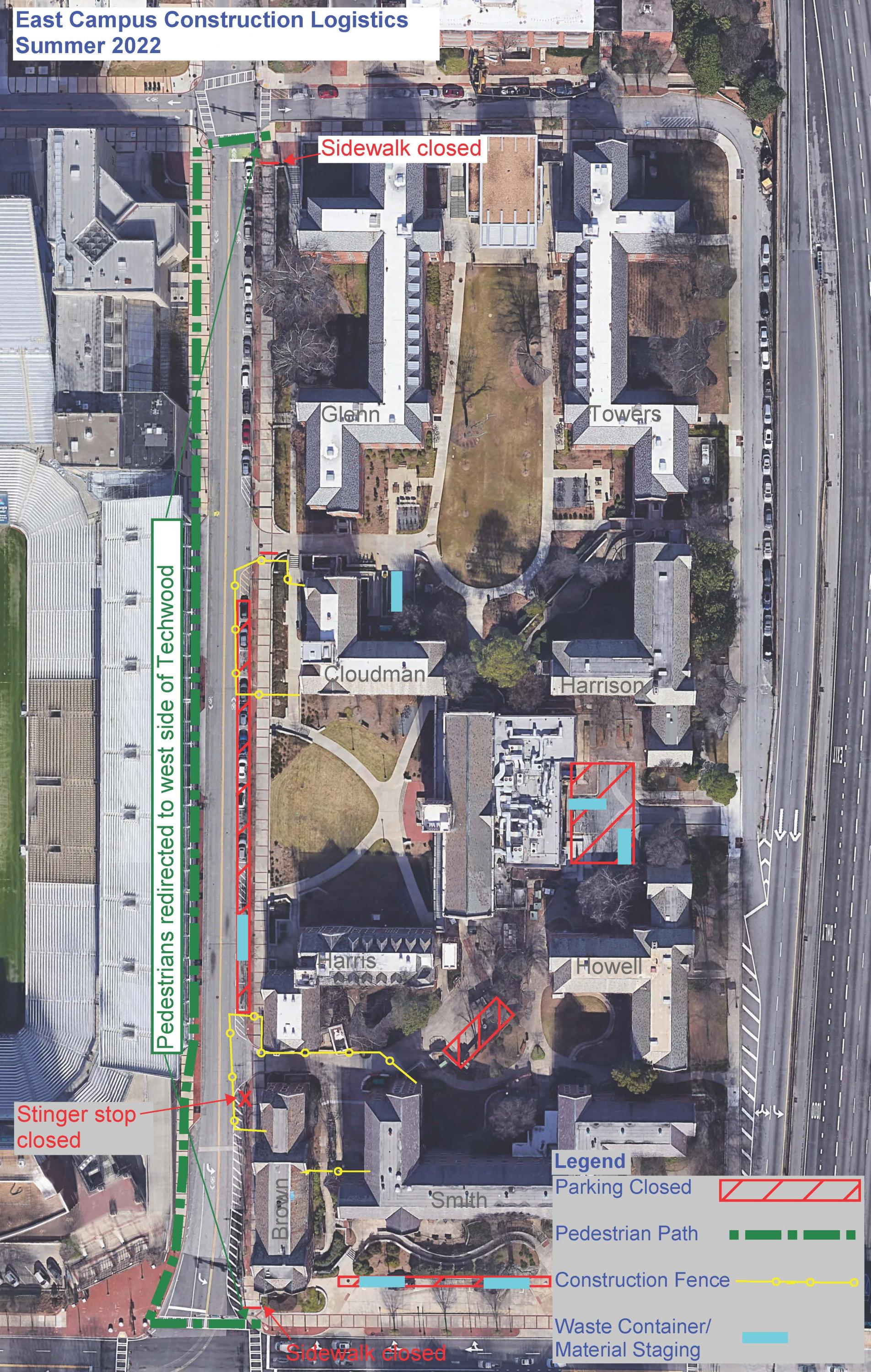 Map layout of sidewalk closures, staging for residence hall interior and exterior renovations.