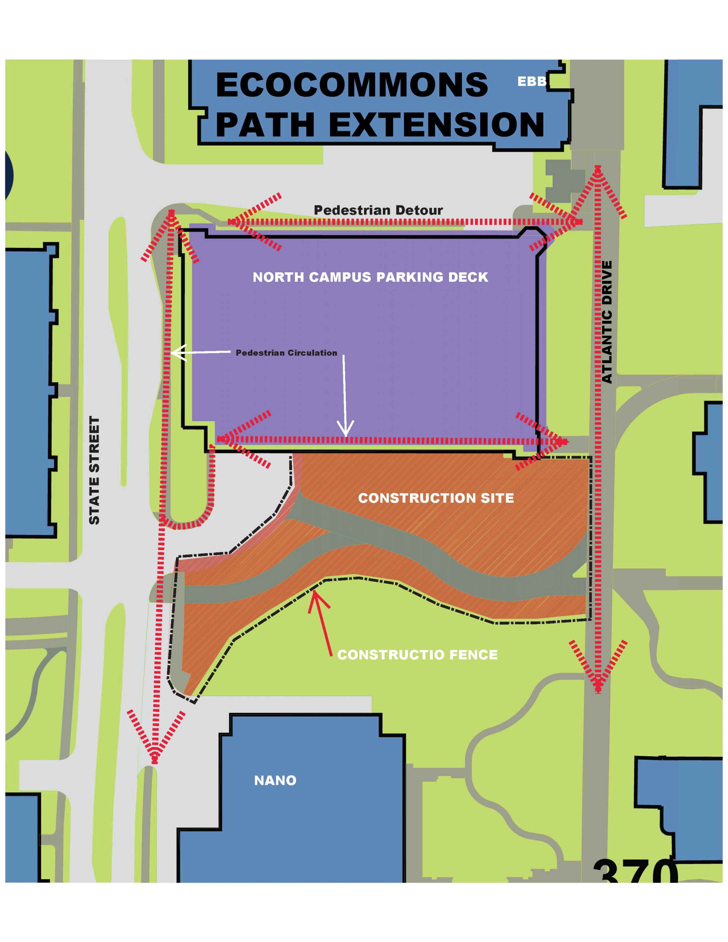 Map of planned improvements to gravel drive between State Street and Atlantic Drive south of the North Campus Parking Deck.