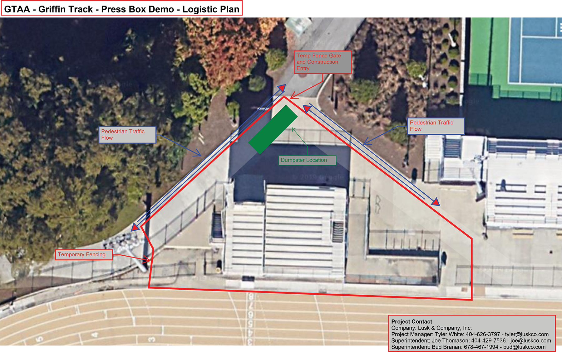 A map of the Griffin Track Press Box Demolition.