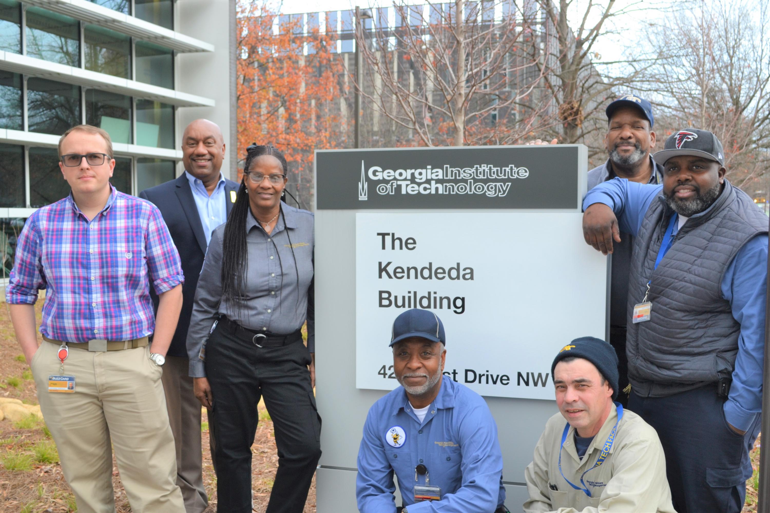 The Kendeda Building Operations team from left to right: Alex Gurciullo, Marlon Ellis, Marilyn Lofton, Johnny Rand, Steve Place, Ron Wormley, and Dexter Harper.

 