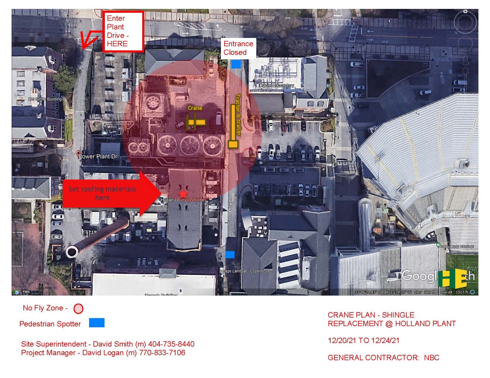 map of crane staging for Holland Plant reroofing project
