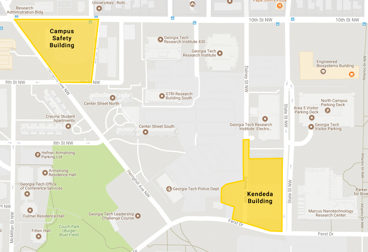 Approximations of the sites for the Campus Safety Building and The Kendeda Building for Innovative Sustainable Design. Construction at both projects will begin this month. Later this year, the Dalney deck and building site will be activated just south of the Centennial Research Building.