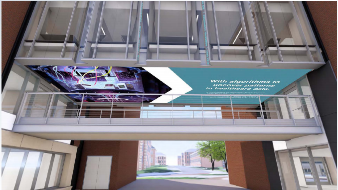 The construction of a large, digital screen on the underside of the connector bridge between Price Gilbert and Crosland Tower is underway. This giant screen will provide images of upcoming events, identify campus locations for incoming students, illustrate pertinent Institute data and statistics, and feature student work and departmental programs.

Rendering courtesy of Second Story/Praxis 3.
