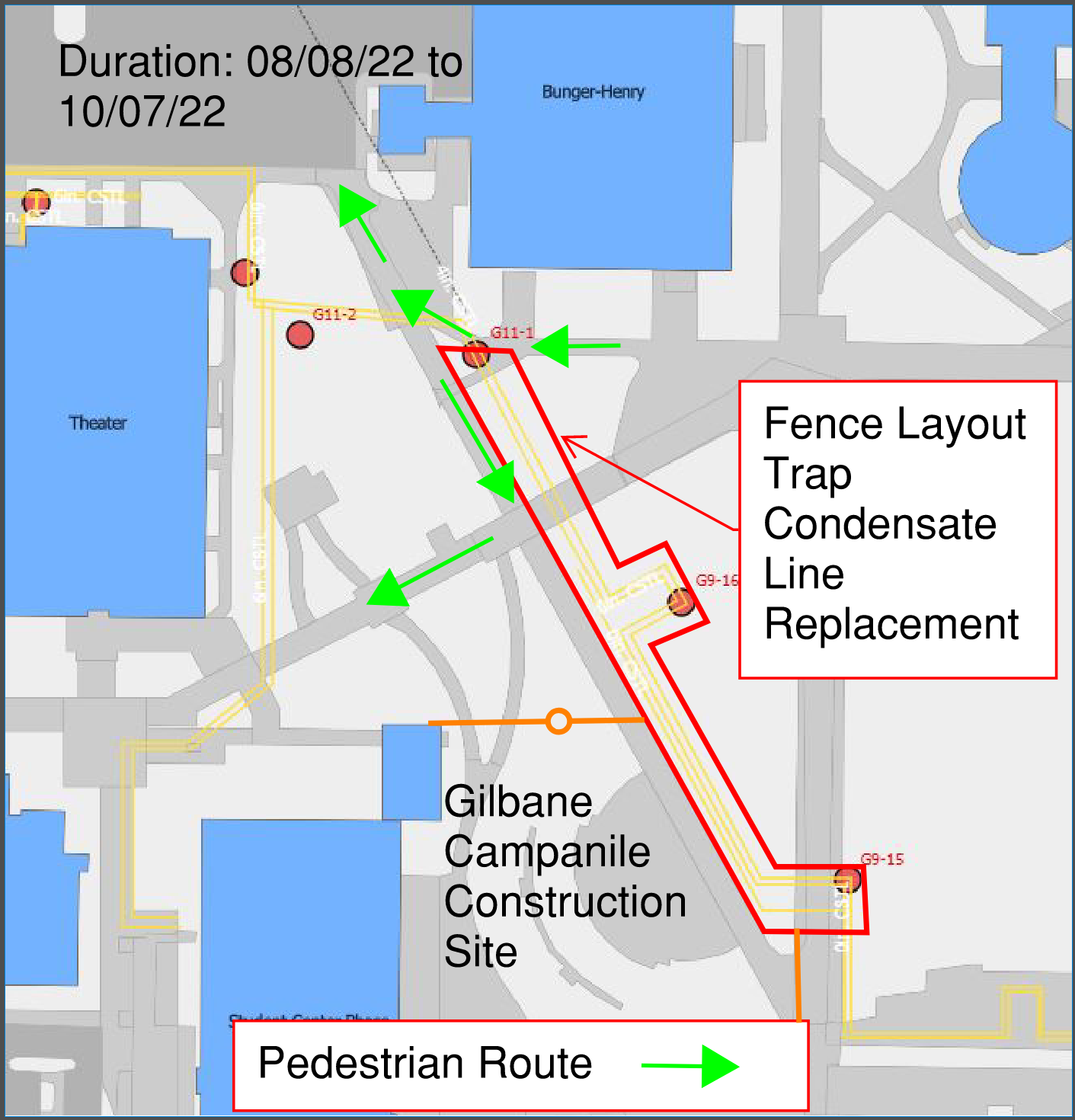 Beginning Monday, August 8th fencing will be mobilized adjacent to the Gilbane Campanile Construction Site to replace a trap condensate line that extends from Steam Manhole G11-1 to G9-15.  The duration of this construction will extend through Friday, October 7th.  This work is weather dependent and any changes to the schedule will be communicated as they become known.

This project is being coordinated with Gilbane as limited access to their site will be required for certain portions of the pipe replace