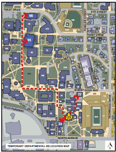 Several campus services will be relocated during the renovaiton of the historic Tech Tower. This map highlights building locations.AÑAK:     #22 Daniel LabRegistrar:     #38 Savant BuildingCollege of Sciences:     #66 Cherry EmersonCollege of Engineering:     #95 Pettit BuildingTau Beta Pi:    #95 Pettit Building  