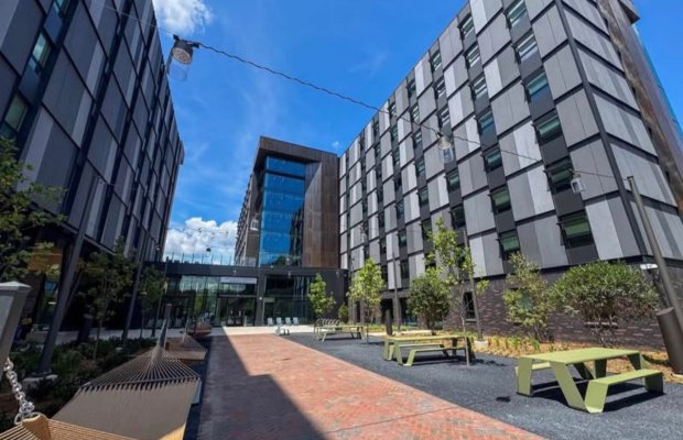 Image of the entrance to the Bud and Val Peterson Residence Hall