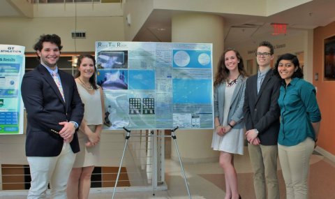 The “Rays the Roof” group presented their project in spring 2016 in the Ford ES&T building.  Pictured from left to right: Rosenbaum, Snyder, Ploussard, Hamilton, and Aggarwal. Photo courtesy of Janet Ploussard.