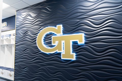 Image of the wall treatment inside the recently renovated swimming and diving locker rooms.