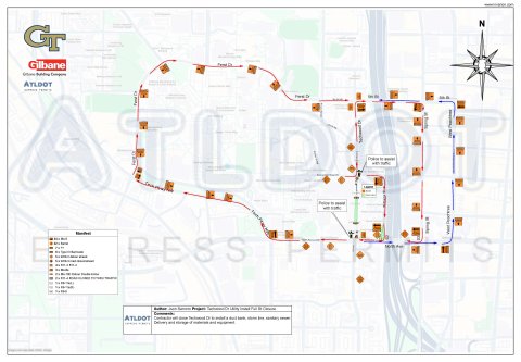image of logistics and detour map for Techwood Drive closure July 1 - Aug. 2