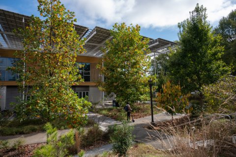 Image of micromobility user in the EcoCommons performance landscape adjacent to The Kendeda Building for Innovative Sustainable Design